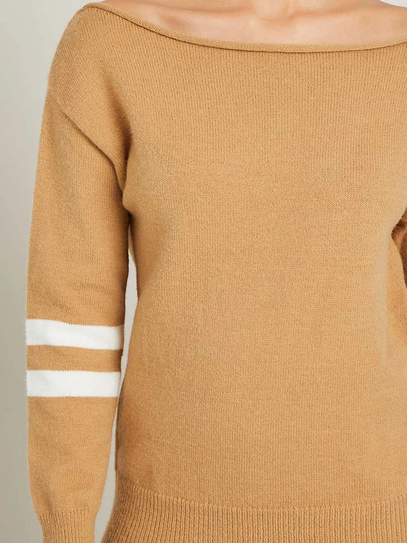 Styli Chunky Knit Stripe Detail Off Shoulder Long Sleeves Top and Cuff Jogger Lounge Set