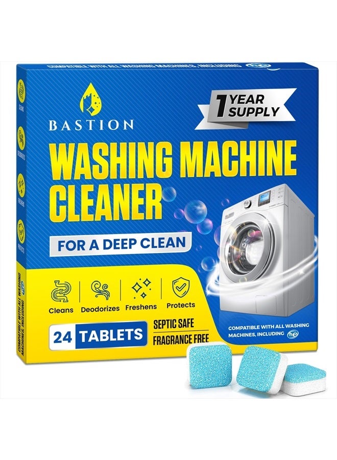 Bastion Washing Machine Cleaner Tablets 24 pack Powerful Descaler -Deep Cleaning for HE Front Loader & Top Load Washer Septic Safe Eco-Friendly Deodorizer Clean Drum & Laundry Tub Seal- Year's Supply - Image 1