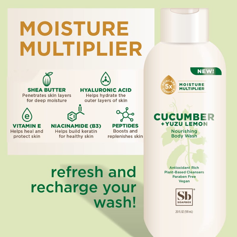 Soapbox Cucumber + Yuzu Lemon Body Wash for Women, Men, Vegan + Antioxidant Rich, Soothing, Moisturizing Soap with Shea Butter, Peptides & Keratin Promoting B3, 3 Pack, 20oz Each - Image 2