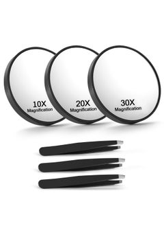 KHAJUL 3PCS Makeup Mirror, Magnifying Mirror with Suction Cups and Tweezers Set, 3.5 inches Travel Magnified Makeup Mirror (Black/10X/20X/30X)  - Image 1