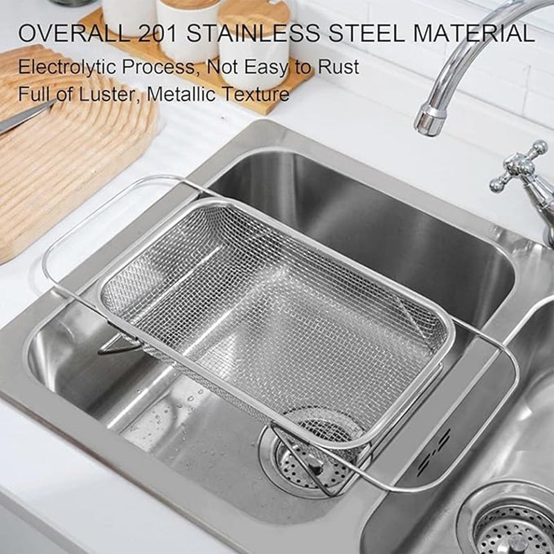 ZIVSA Sink Strainer Drainer Basket Expandable Dish Drying Rack Organizer and Utensil Cutlery Holder Stainless Steel Over Sink Dish Rack - Image 2