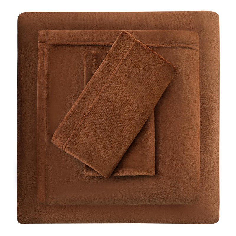 Viviland Full Plush Bed Sheets, Micro Fleece Fitted Sheets with 15" Deep Pocket, Flannel-Like Fuzzy Polar Velour Velvet Winter Sheets & Pillowcase Set - Maillard Brown - Image 1