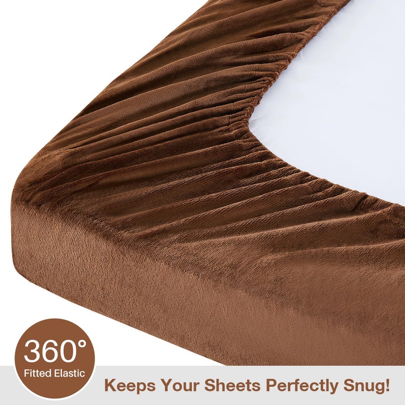 Viviland Full Plush Bed Sheets, Micro Fleece Fitted Sheets with 15" Deep Pocket, Flannel-Like Fuzzy Polar Velour Velvet Winter Sheets & Pillowcase Set - Maillard Brown - Image 3