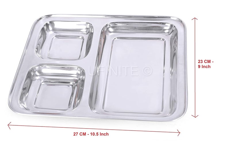 ZAVIAN Stainless Steel Square Dish for LunchDinner Especially for Pav bhaji Heavy Guage 27233CM Silver 3 CompartmentSections Divided Mess Trays for Kids Lunch Events 3 - Image 2
