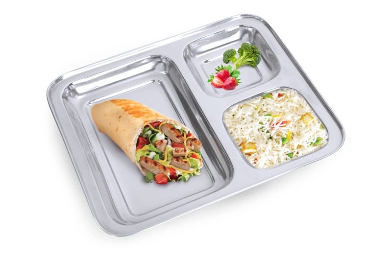 ZAVIAN Stainless Steel Square Dish for LunchDinner Especially for Pav bhaji Heavy Guage 27233CM Silver 3 CompartmentSections Divided Mess Trays for Kids Lunch Events 3 - Image 4