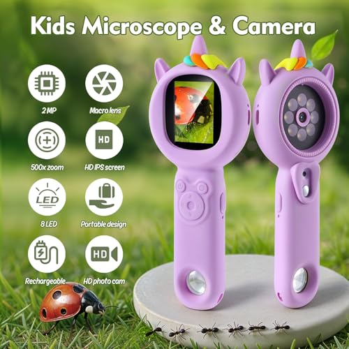 FHskFH Kids Microscope- 500x Magnification,16X Zoom,Handheld Microscope for Kids with HD Cam,Portable Science Learning Tool,Christmas Birthday Gifts for Boys Girls Aged 3-12 (Purple) - Image 2
