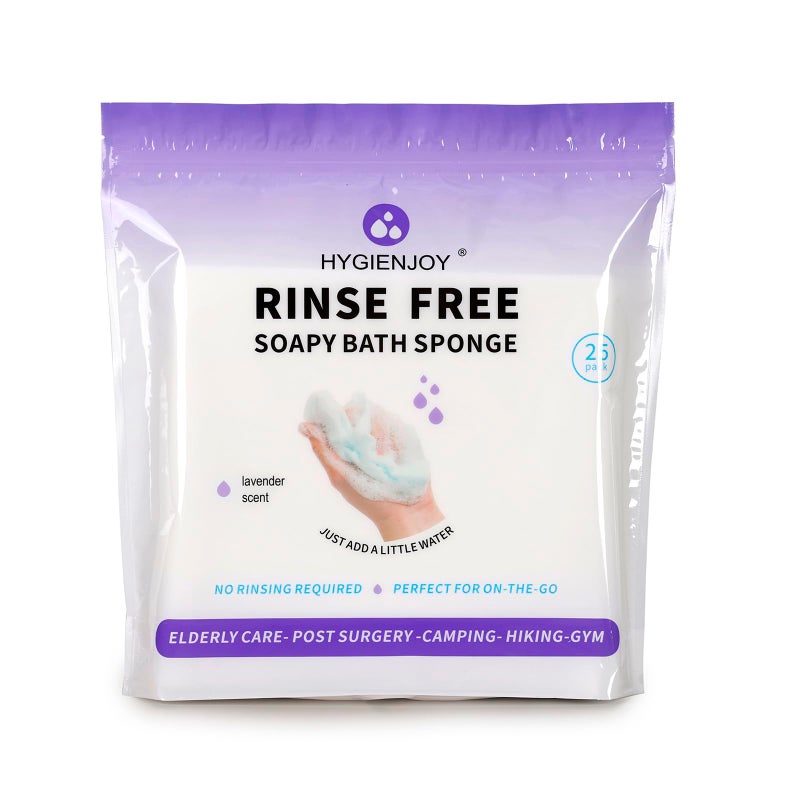 HYGIENJOY-21% Larger Rinse Free Bath Sponges for Adults-Disposable No Rinse Bathing Wipes-Soap Infused,Dry Shower Wipes for Elderly,Camping,Post Surgery Must Haves,(Lavender 25 Countsï¼‰ - Image 1