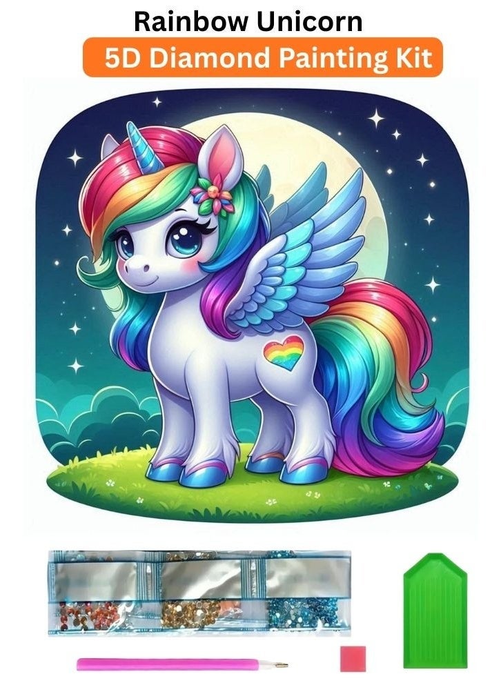 Diamond Painting Kit 5D Diamond Art Set for Kids & Adults DIY Wall Decor Craft,  Rainbow Unicorn Design, Acrylic Diamonds, Adhesive Canvas with Wooden Frame, Relaxing Hobby Art Kit, 20x20 cm - Image 1