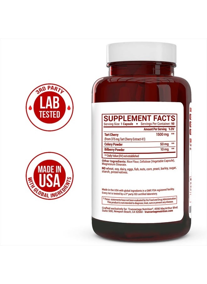 Truevantage Nutrition - Tart Cherry Extract Capsules with Celery Seed Extract and Bilberry for Joint Support, Muscle Recovery, and Uric Acid Flush Support, Made in The USA - 90 Tart Cherry Capsules - Image 1