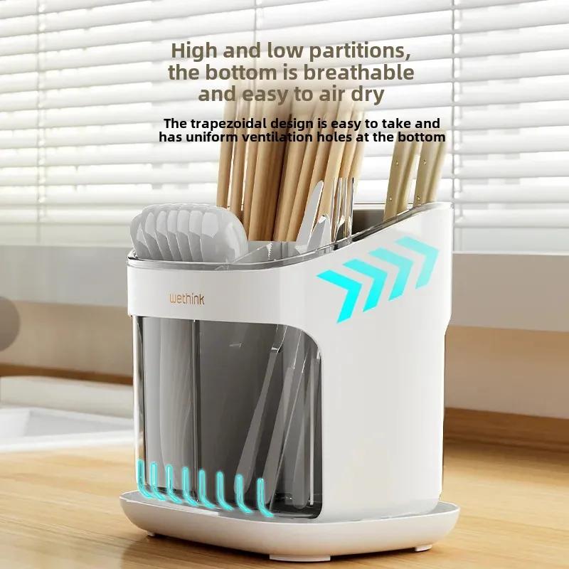 Kitchen Chopstick Rack Floor-Standing Household Chopstick Barrel Kitchen Family New Drain Storage Box Chopstick Basket Chopstick Cage(New-White) - Image 3