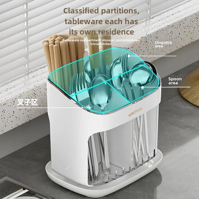 Kitchen Chopstick Rack Floor-Standing Household Chopstick Barrel Kitchen Family New Drain Storage Box Chopstick Basket Chopstick Cage(New-White) - Image 4