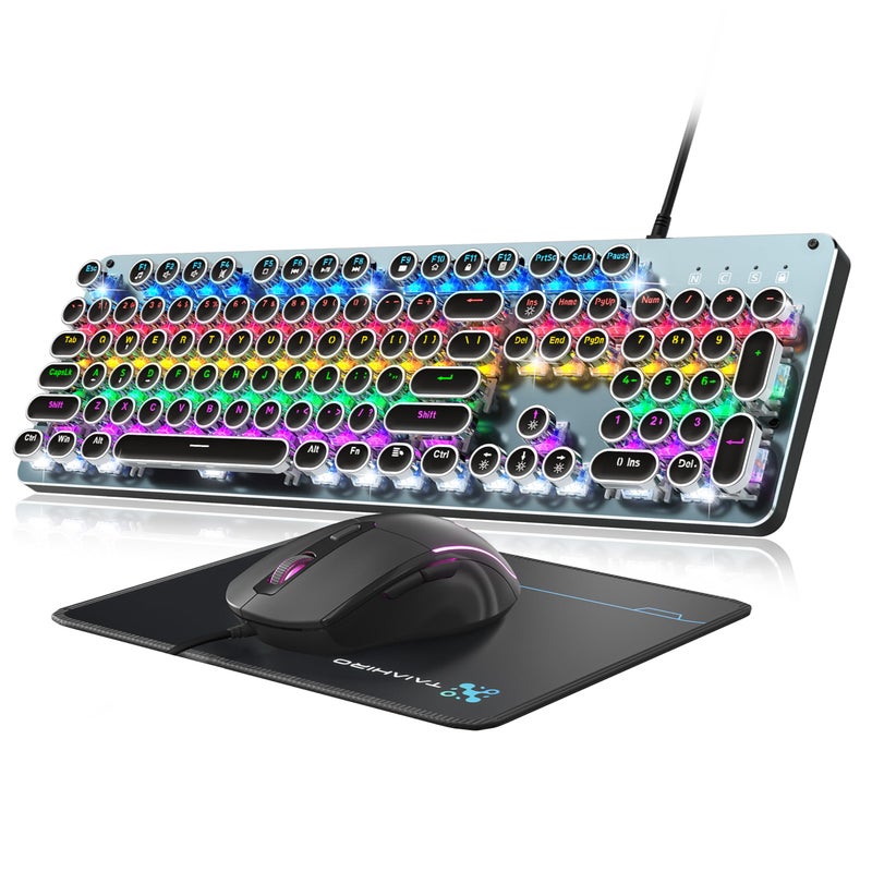 Taiahiro Typewriter Style Mechanical Gaming Keyboard Blue Switch Rainbow LED Backlit Wired Computer Keyboards Mouse and Pad Combo Metal Panel Retro Punk Round Keycaps 104 Keys AntiGhost for PC Laptop Gamer - Image 2