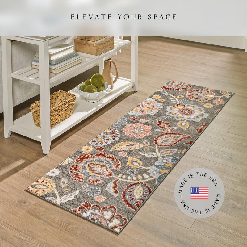 Maples Rugs Gardena Floral Runner Rug â€“ Made in USA â€“ Washable, Non Slip Indoor Carpet for Hallway, Kitchen, and Laundry Room, 2' x 6', Gray - Image 2