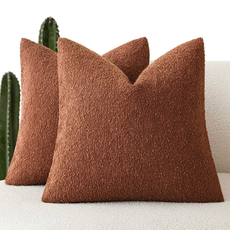 Foindtower Pack of 2 Textured Boucle Throw Pillow Covers Accent Solid Pillow Cases Cozy Soft Decorative Couch Cushion Case for Chair Sofa Bedroom Living Room Home Decor 18x18 Inch Red Taupe - Image 2
