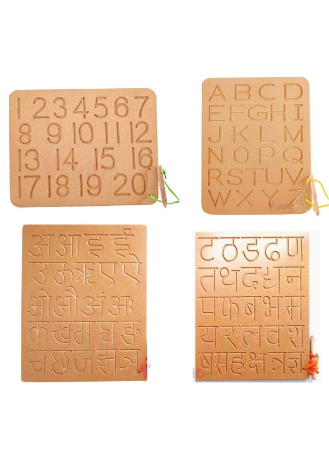 VikriDA Educational Tracing Wooden Board for Kids | Handwriting, Counting and Learning Slates for Children | Set of 4 | Varanmala, Big Alphabet and Numbers - Image 1