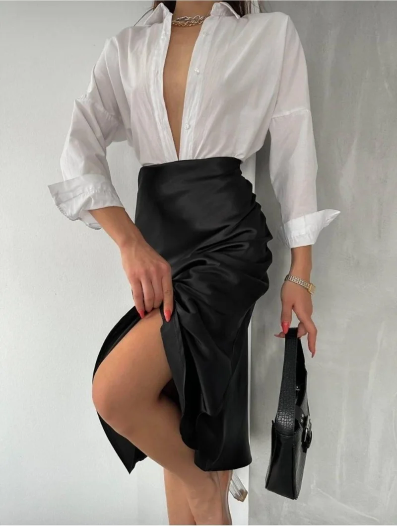 Deli Dolu Moda Women's Bias Cut Midi Satin Skirt