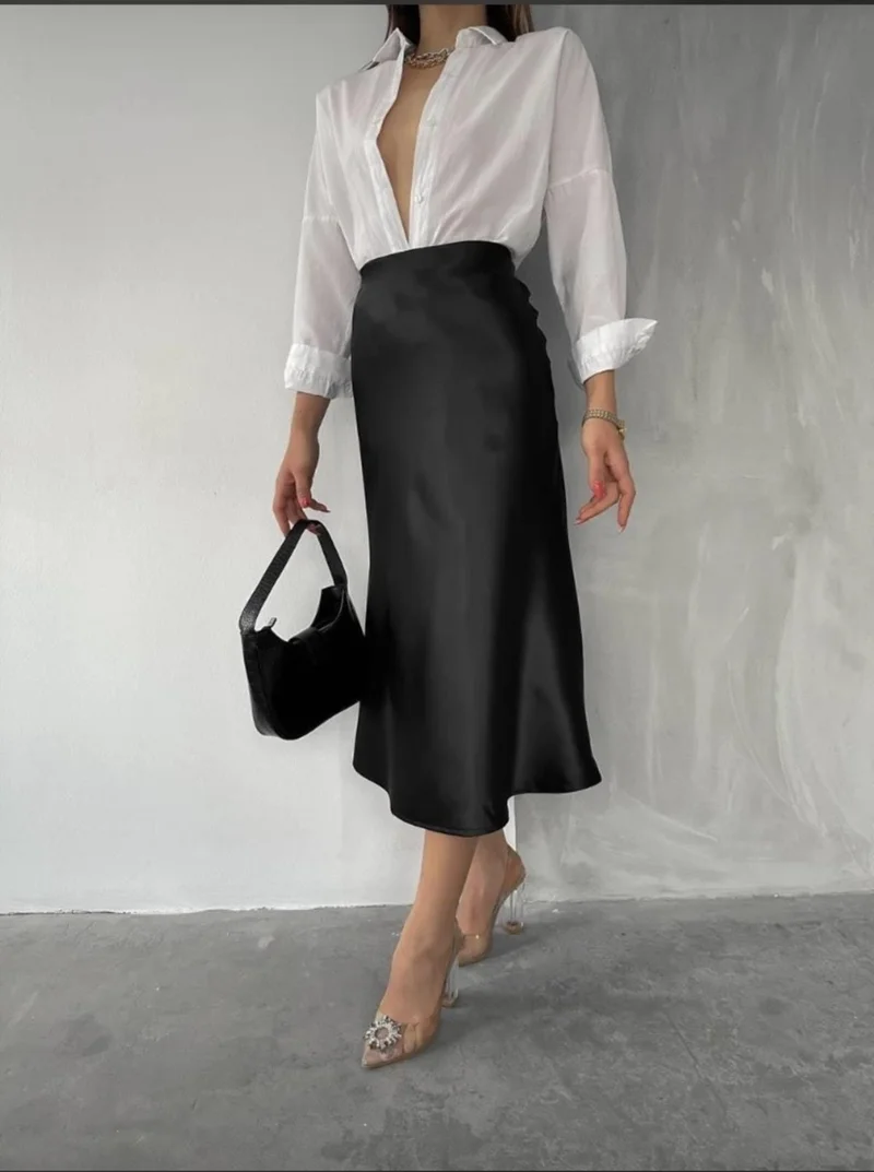 Deli Dolu Moda Women's Bias Cut Midi Satin Skirt