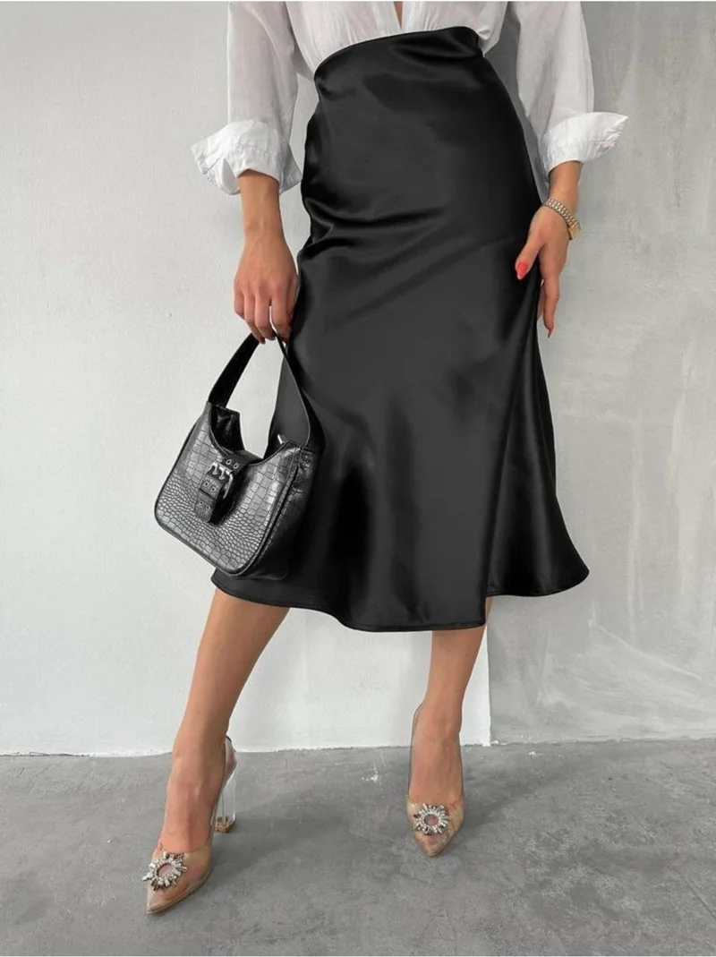 Deli Dolu Moda Women's Bias Cut Midi Satin Skirt
