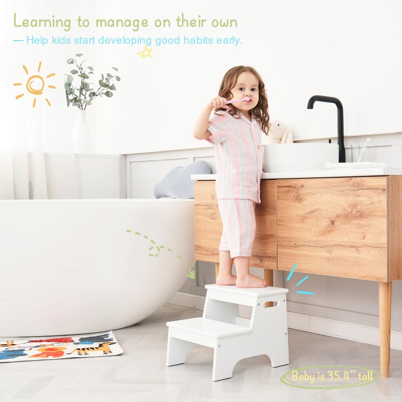 Forbena Wood Toddler Step Stool for Bathroom Sink, White Kids Toilet Step Stool for Potty Training, Small Child Baby Girl Boy 2 Stepping Stool with Handle for Kitchen Counter Nursery Bedroom Closet - Image 2