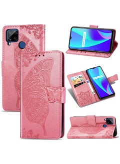 HuHa Case Cover For Realme C15 Butterfly Love Flower Embossed Horizontal Flip Leather Case with Holder & Card Slots & Wallet & Lanyard Pink 