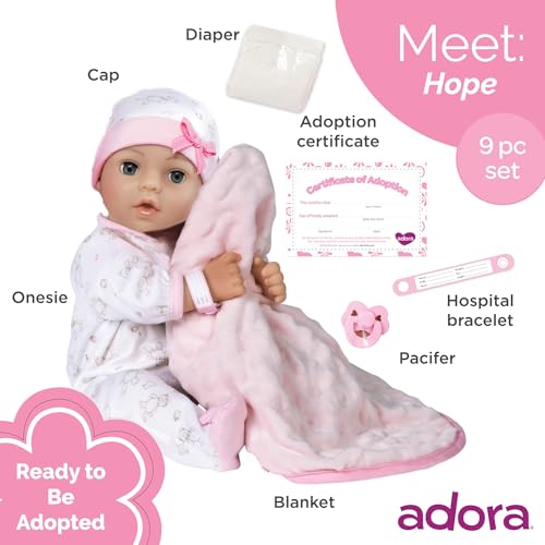 Adora 16 Inch Girl Baby Doll with Accessories Pink Matching 9Piece Set Including a Pacifier Hospital Bracelet Diaper and More Gift for Toddlers Ages 3 Adoption Babies Collection Hope - Image 5