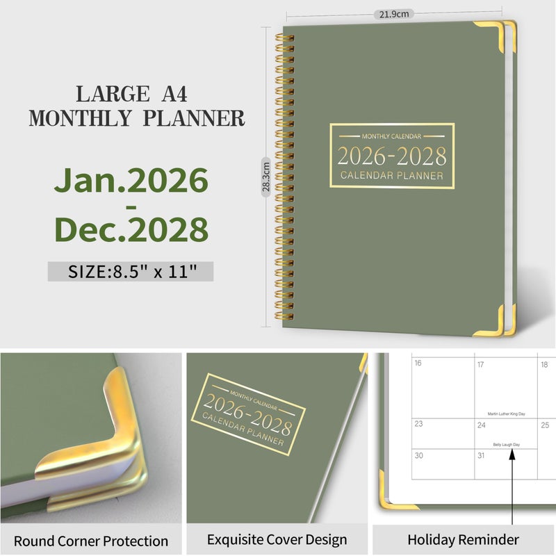 Kamoy 2026-2028 Monthly Planner - 3 Year Monthly Planner 2026-2028, Jan. 2026 - Dec. 2028, 8.5" x 11", 36 Months Calendar Planner with Spiral Bound, Notes Pages, Perfect for School & Office for Women & Men - Green - Image 2