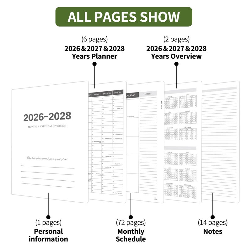 Kamoy 2026-2028 Monthly Planner - 3 Year Monthly Planner 2026-2028, Jan. 2026 - Dec. 2028, 8.5" x 11", 36 Months Calendar Planner with Spiral Bound, Notes Pages, Perfect for School & Office for Women & Men - Green - Image 5