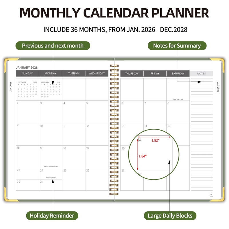 Kamoy 2026-2028 Monthly Planner - 3 Year Monthly Planner 2026-2028, Jan. 2026 - Dec. 2028, 8.5" x 11", 36 Months Calendar Planner with Spiral Bound, Notes Pages, Perfect for School & Office for Women & Men - Green - Image 3