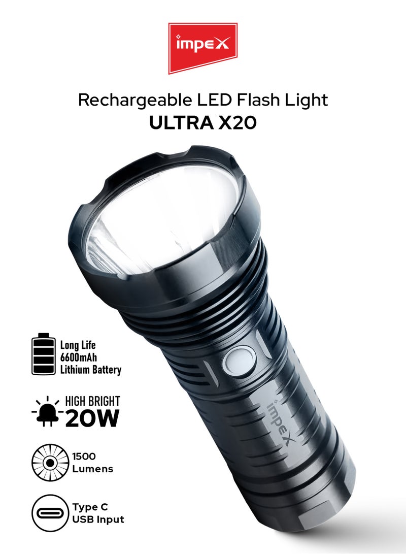 Impex Rechargeable LED Flashlight-High Bright LED Torch ,20W, 6600mAh Battery, 1500 Lumens, Portable Design,2-Year Warranty(Ultra X20)  - Image 1