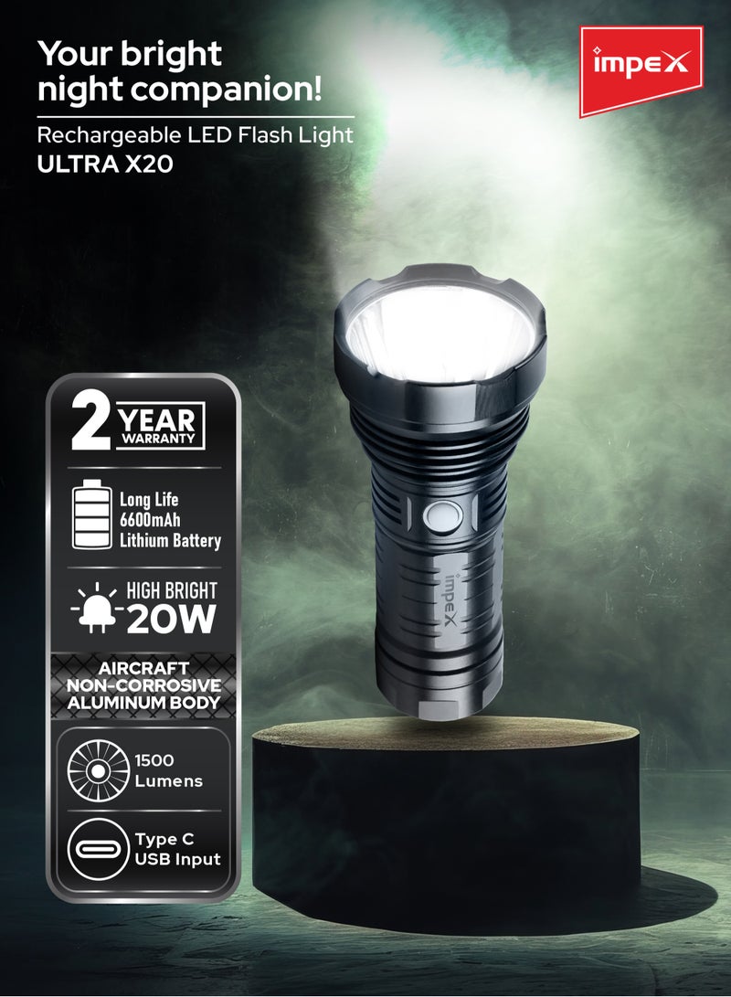 Impex Rechargeable LED Flashlight-High Bright LED Torch ,20W, 6600mAh Battery, 1500 Lumens, Portable Design,2-Year Warranty(Ultra X20)  - Image 3