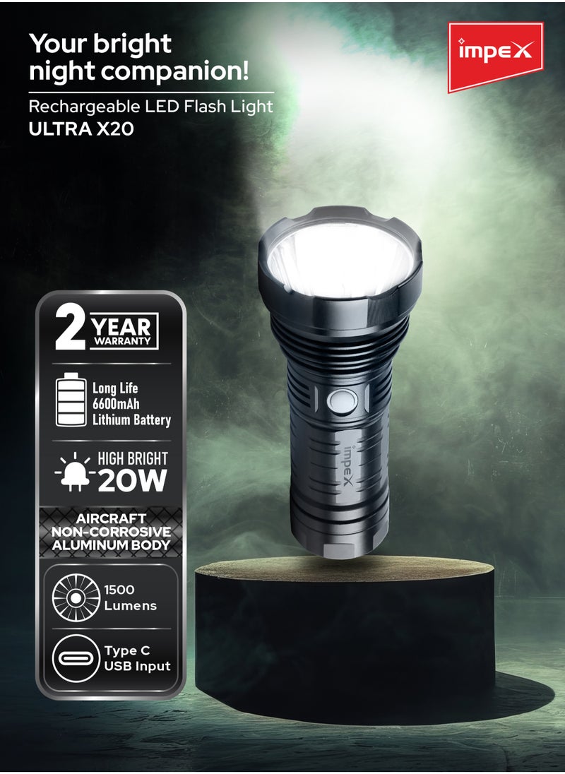 Impex - Rechargeable LED Flashlight-High Bright LED Torch ,20W, 6600mAh Battery, 1500 Lumens, Portable Design,2-Year Warranty(Ultra X20) - Image 1