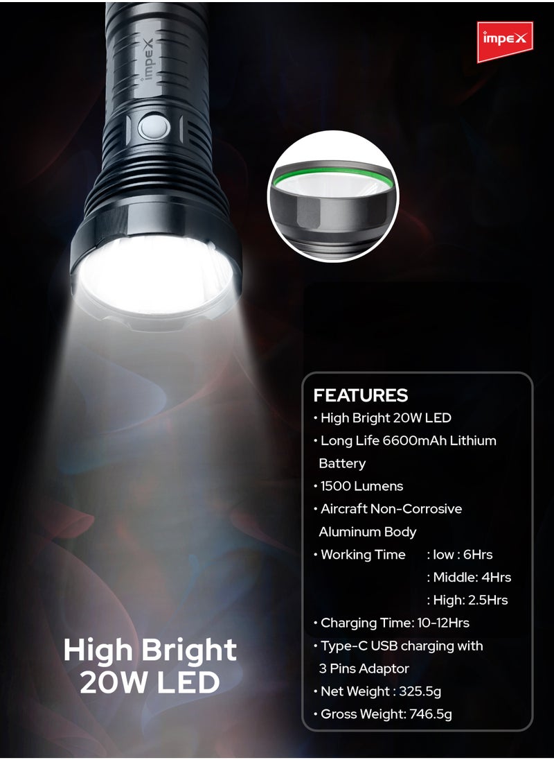 Impex - Rechargeable LED Flashlight-High Bright LED Torch ,20W, 6600mAh Battery, 1500 Lumens, Portable Design,2-Year Warranty(Ultra X20) - Image 1