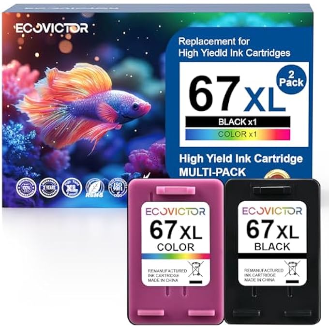 ECOVICTOR REMANUFACTURED 67XL INK CARTRIDGE REPLACEMENT FOR HP INK 67 XL INK CARTRIDGES BLACK/COLOR COMBO PACK FOR HP DESKJET 4155E 4255E 2755E 2700 4100E 2800E ENVY 6000 6055 6400 6055E 6455E PRINTER - Image 1