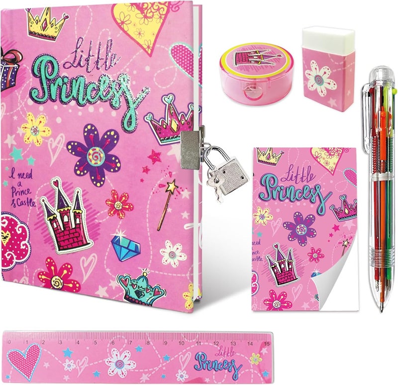 Princess Girls Diary with Lock, Set of Diary for Girls Incl. Kids Journal with Lock & Pen (6-Multicolor) Memo Ruler Sharpener Eraser Pink Girls Journal Writing Notebooks for Kids Gifts for Girls 6-8