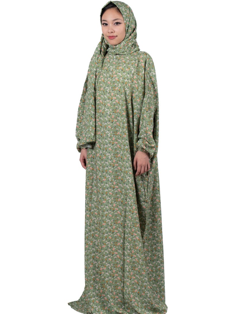 أبشر فستان صلاة بطبعة زهور، طول كامل مع شال، جلابية إسلامية من قطعة واحدة بأكمام طويلة، مقاس واحد
