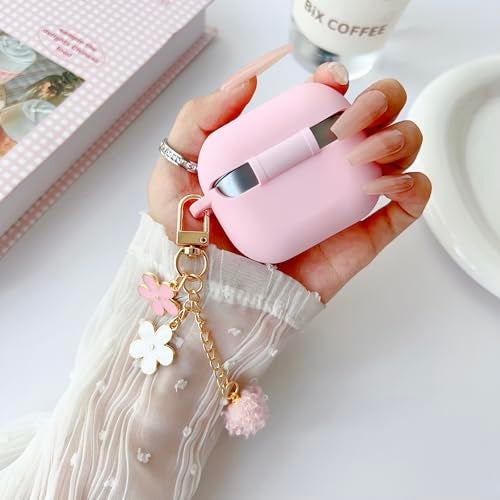 OTOPO Cute Pink Case for Samsung Galaxy Buds 3/3 Pro/3 FE Cover for Girl Women with Pom pom Flower Keychain & Cleaner Pen, Soft Silicone Galaxy Bud Pro 3/Buds3/Bud 3 FE Protective Cover Skin - Image 3