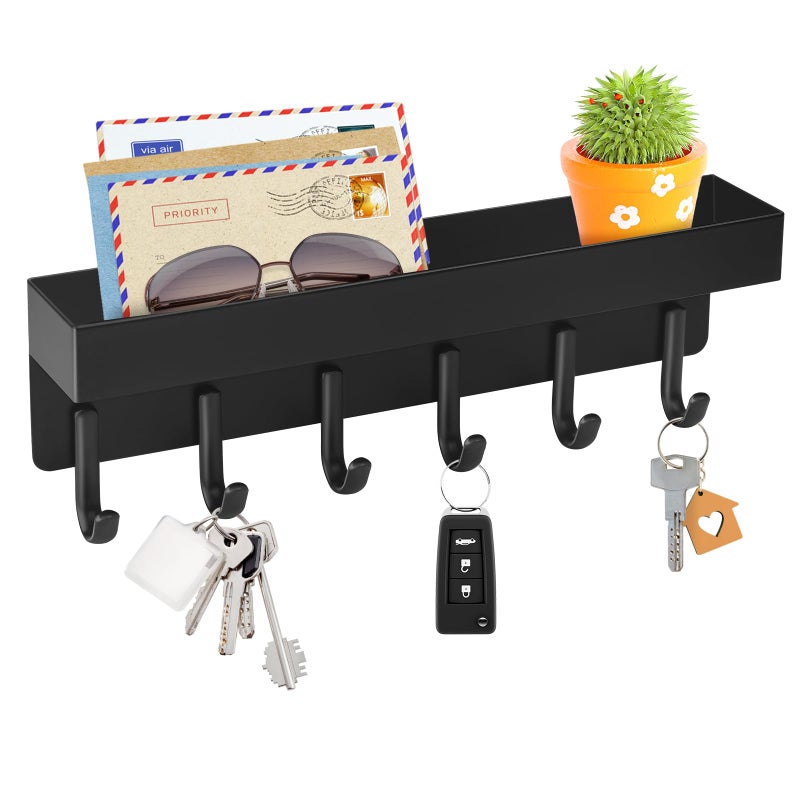 VIS'V Key Holder Wall Mount, Compact Adhesive Key Rack with Tray, 6 Hooks, 2 Mount Options, Black - Image 1
