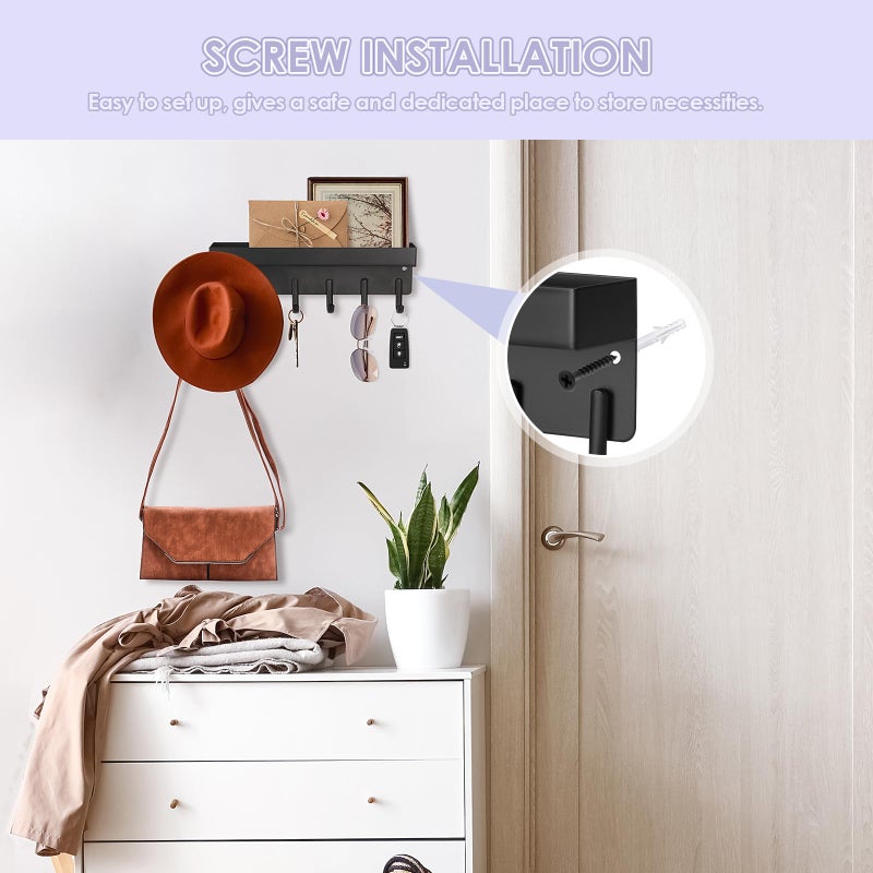 VIS'V Key Holder Wall Mount, Compact Adhesive Key Rack with Tray, 6 Hooks, 2 Mount Options, Black - Image 3
