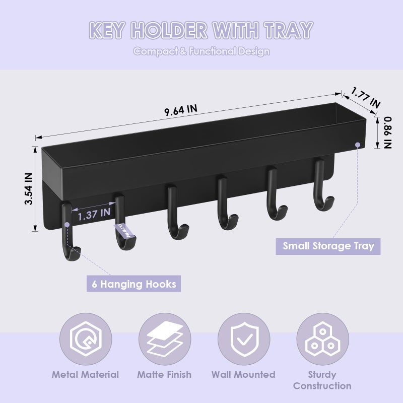 VIS'V Key Holder Wall Mount, Compact Adhesive Key Rack with Tray, 6 Hooks, 2 Mount Options, Black - Image 5