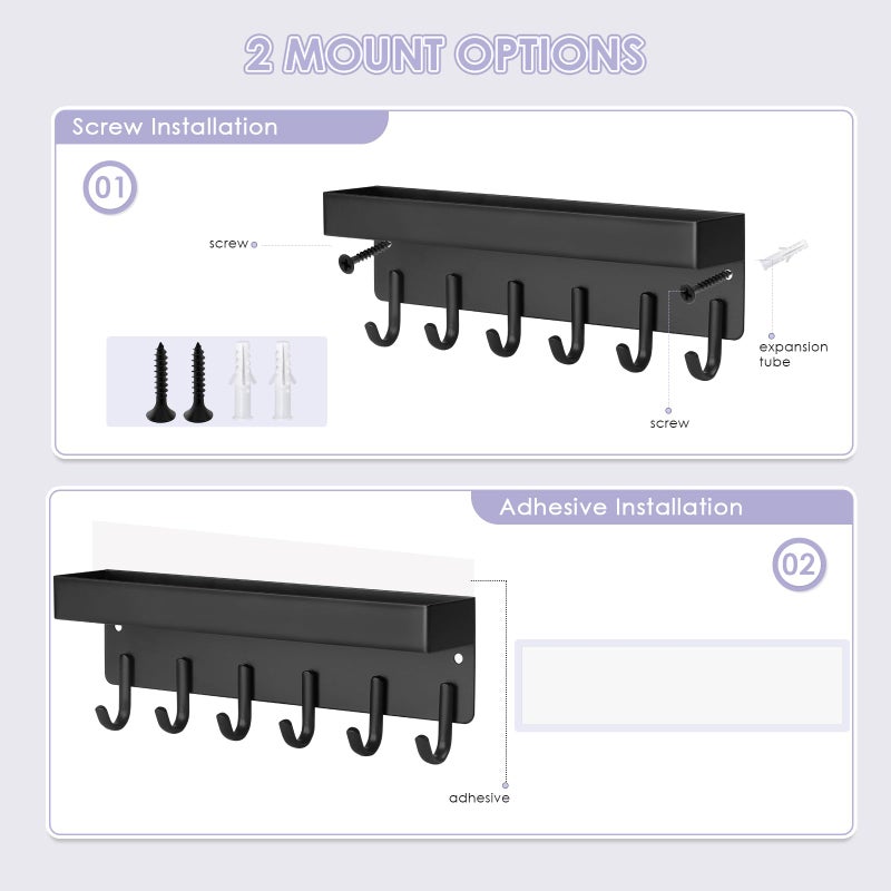 VIS'V Key Holder Wall Mount, Compact Adhesive Key Rack with Tray, 6 Hooks, 2 Mount Options, Black - Image 2