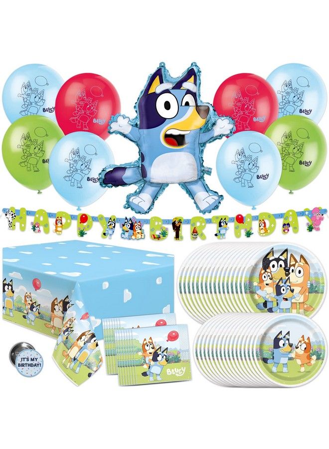 Unique لوازم حفلة عيد ميلاد بلوى؛ لوازم حفلة بلوى؛ زينة عيد ميلاد بلوى؛ زينة حفلة بلوى؛ مع لافتة بالونات بلوى، غطاء طاولة بلوى، أطباق بلوى، مناديل بلوى، زر - Image 1