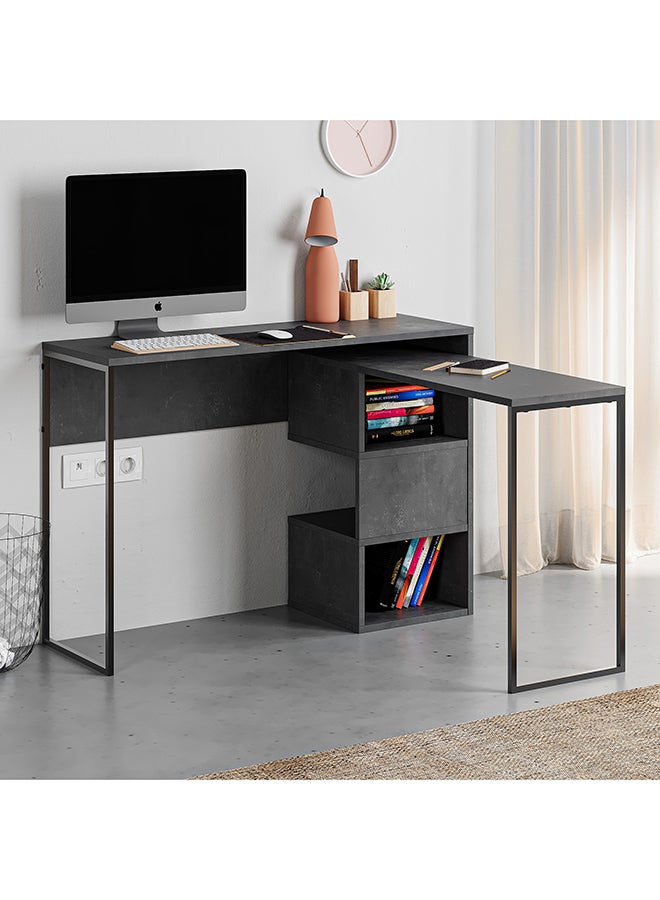 Mourah Home Badau Modern Lshaped Working Table With Storage – Metal Legs Compact Industrial Design Office/Study Desk With 3Cube Open Shelf – 37.2X77X110 Cm Retro Grey - Image 2