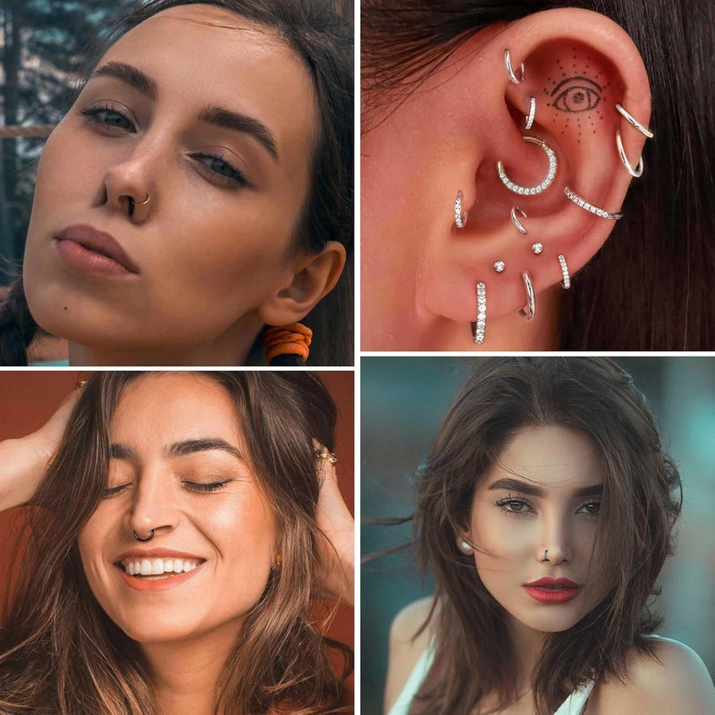 Jstyle 5Pcs 316L Surgical Steel Septum Rings Nose Rings Hoop 16G 18G 20G Hinged Clicker Hoop Nose Rings for Women Men Cartilage Hoop Earring Lip Helix Rook Tragus Conch Septum Nose Piercing Jewelry - Image 5
