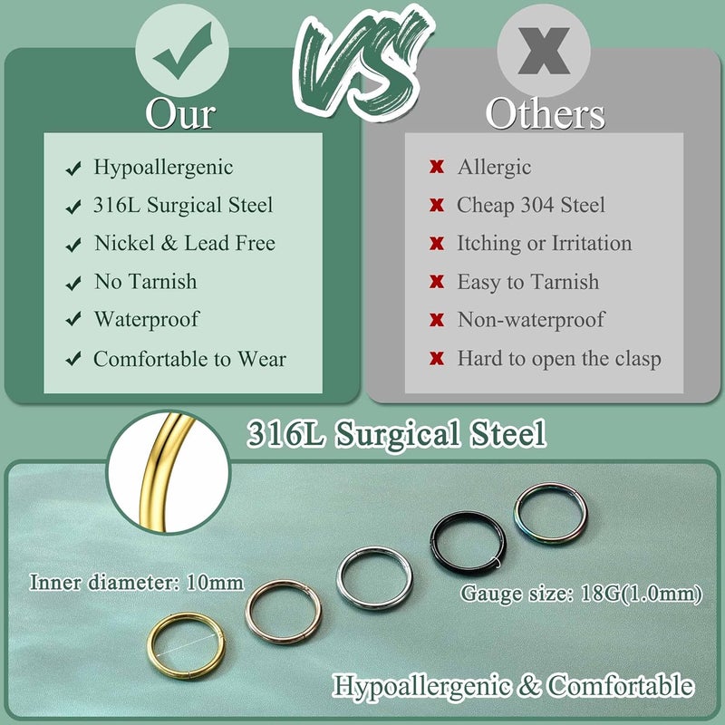Jstyle 5Pcs 316L Surgical Steel Septum Rings Nose Rings Hoop 16G 18G 20G Hinged Clicker Hoop Nose Rings for Women Men Cartilage Hoop Earring Lip Helix Rook Tragus Conch Septum Nose Piercing Jewelry - Image 3