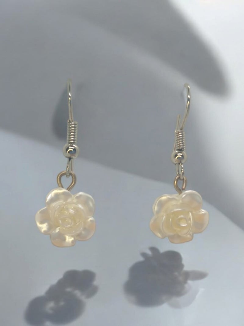 Crystal Atelier Flower Figured Design Mother of Pearl Rose Aesthetic Vintage Coquette Fairycore Dangle Earrings  - Image 1