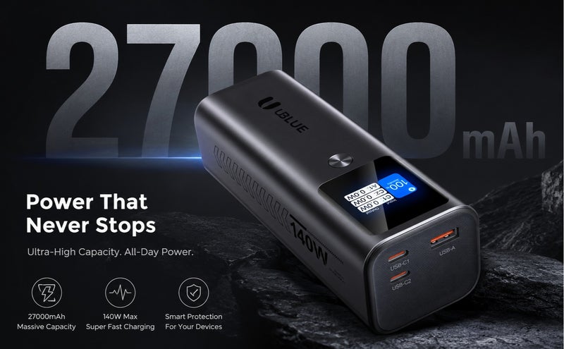 يوبلو شاحن محمول UBLUE بقوة 140 واط وسعة 27000 مللي أمبير، يدعم تقنية الشحن السريع PD 3.1، مزود ببطارية USB-C عالية الطاقة لأجهزة MacBook وiPad وiPhone وSamsung Galaxy وSteam Deck، باللون الأسود. - Image 2