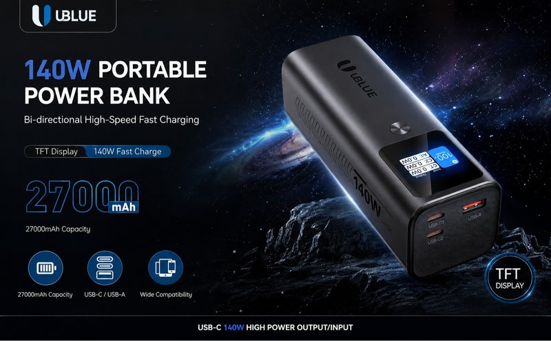 يوبلو شاحن محمول UBLUE بقوة 140 واط وسعة 27000 مللي أمبير، يدعم تقنية الشحن السريع PD 3.1، مزود ببطارية USB-C عالية الطاقة لأجهزة MacBook وiPad وiPhone وSamsung Galaxy وSteam Deck، باللون الأسود. - Image 5