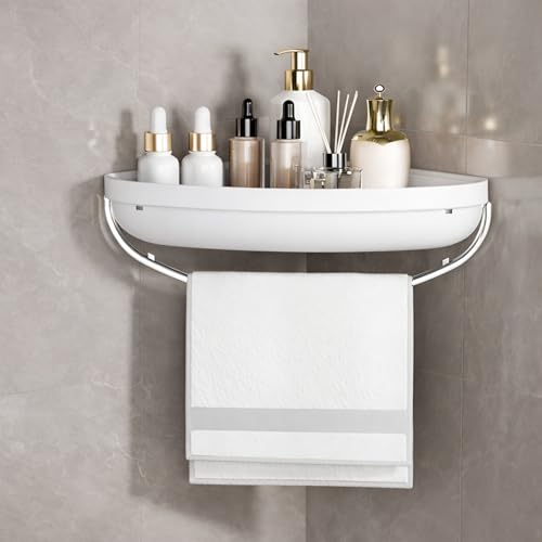 KREPS Bathroom Shelf Organizer,Self Adhesive No Drill Shower Shelf Easy Installation, Wall Mounted Shelf, with Towel Napkin Holder with Hook,Used for Bathroom and Kitchen (White, Corner) - Image 1