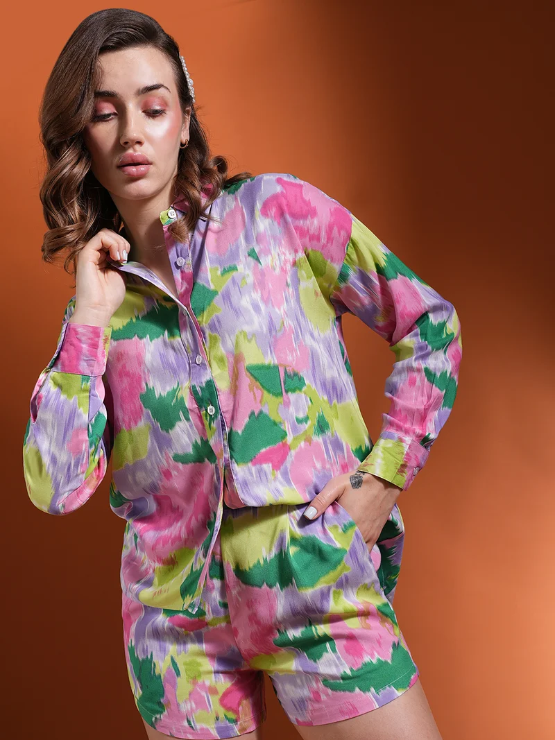 globus Women Pink Tie Dye Long Sleeves Shirt With Short