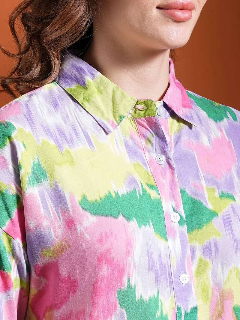 globus Women Pink Tie Dye Long Sleeves Shirt With Short